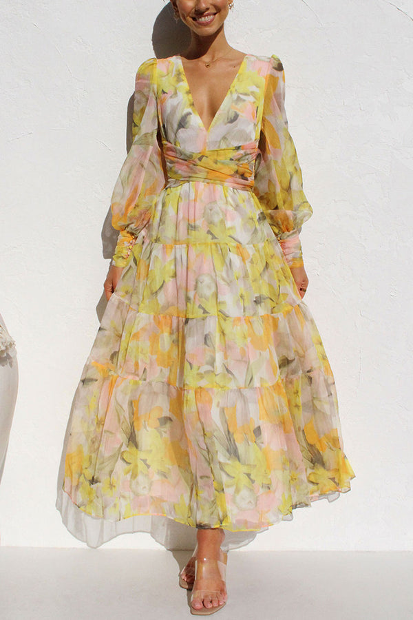 Yellow Olena Abstract Floral Balloon Sleeves Maxi Dress