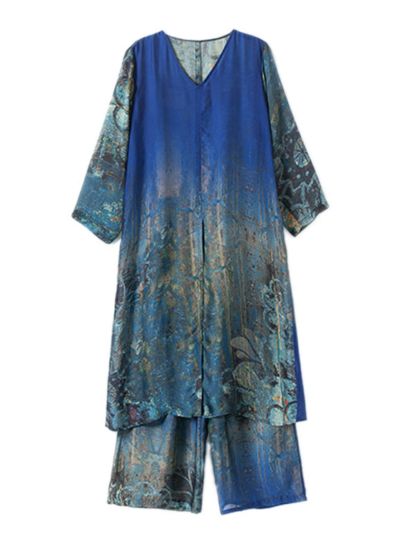 Boutique Blue V Neck Side Open Print Silk Dress And Wide Leg Pants Women Sets Two Pieces Summer