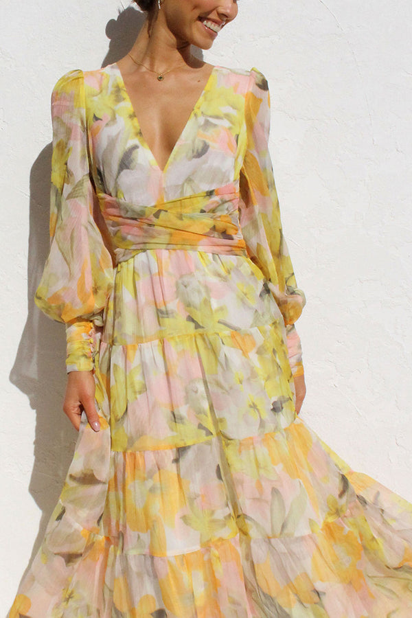 Yellow Olena Abstract Floral Balloon Sleeves Maxi Dress