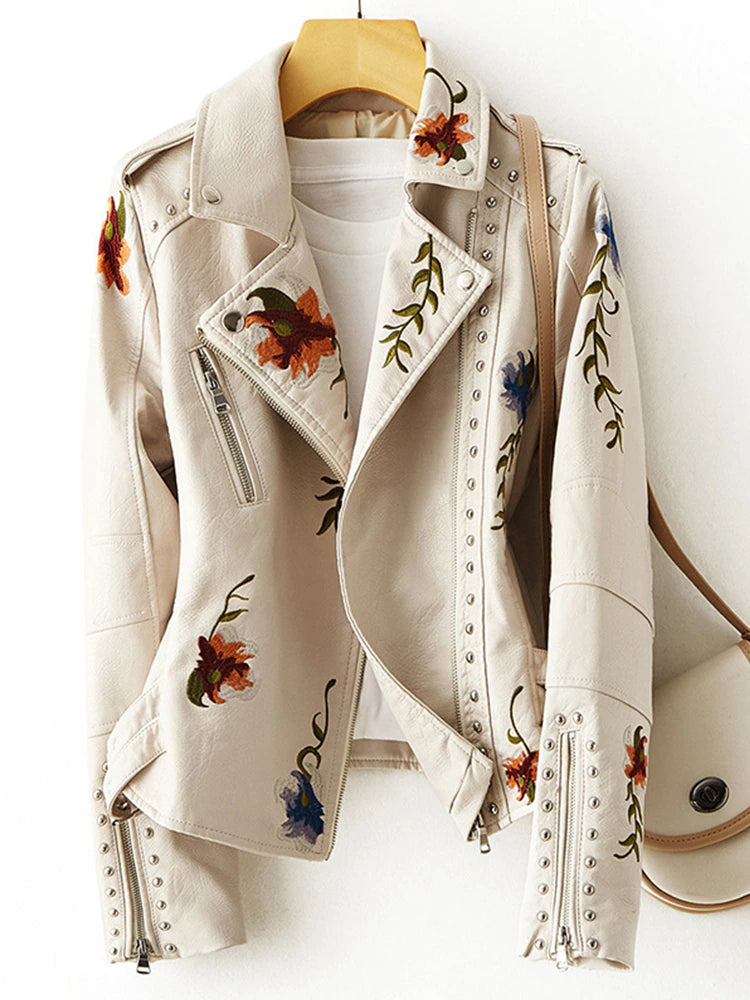 Retro Floral Print Embroidery Faux Soft Leather Jacket