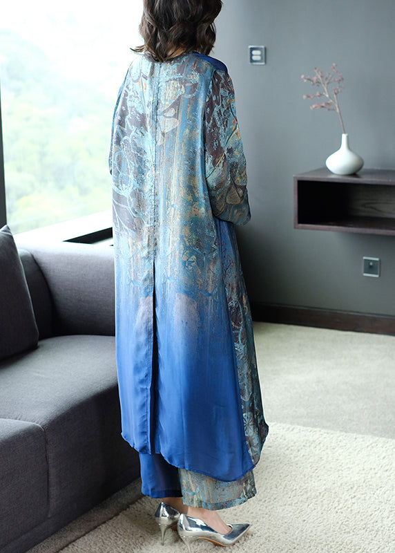 Boutique Blue V Neck Side Open Print Silk Dress And Wide Leg Pants Women Sets Two Pieces Summer