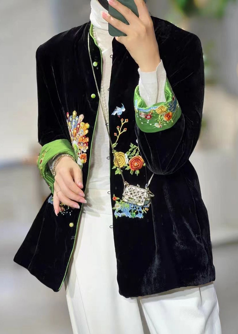 Chinese Style Black Stand Collar Embroideried Patchwork Velour Coats Fall