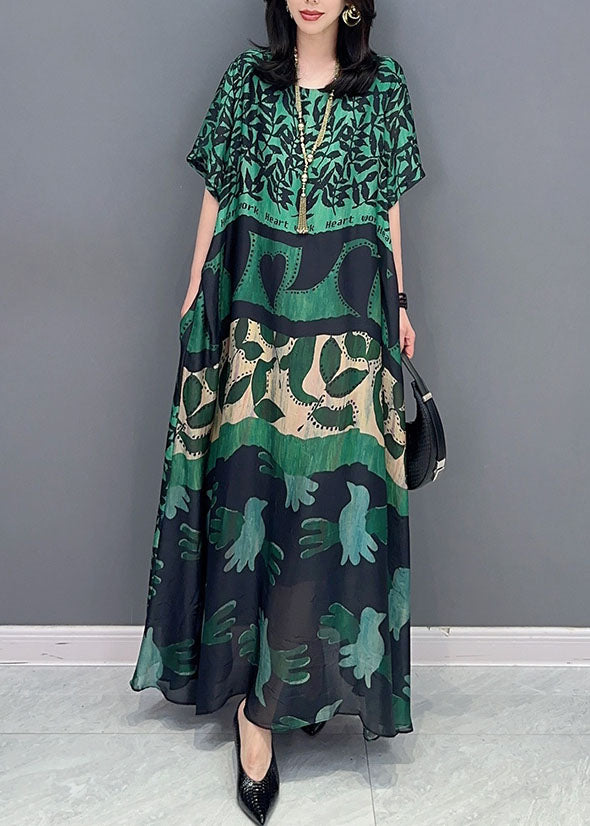 Bohemian Green O Neck Pockets Print Patchwork Silk Long Dresses Summer