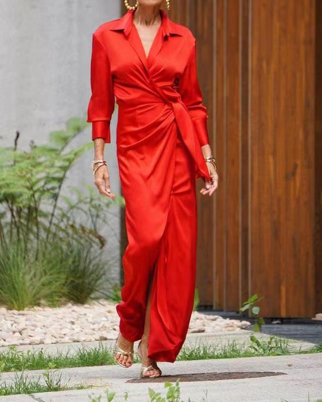 Red Satin Wrap Shirt Maxi Dress