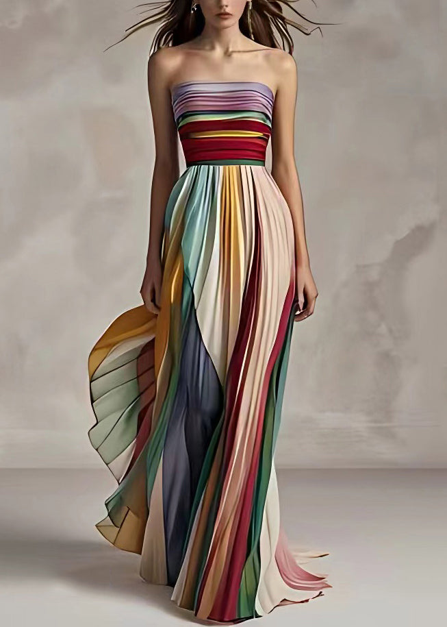 Slim Fit Striped Cold Shoulder Wrinkled Long Dress Sleeveless/designer chic