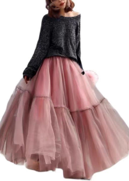 Women Pink Ruffled Tulle Cinched Circle Fall Skirt