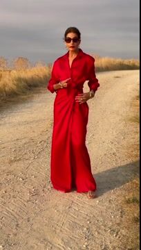 Red Satin Wrap Shirt Maxi Dress