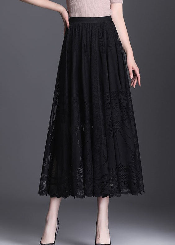 Fine Black Wrinkled Patchwork Hollow Out Lace Skirts Spring